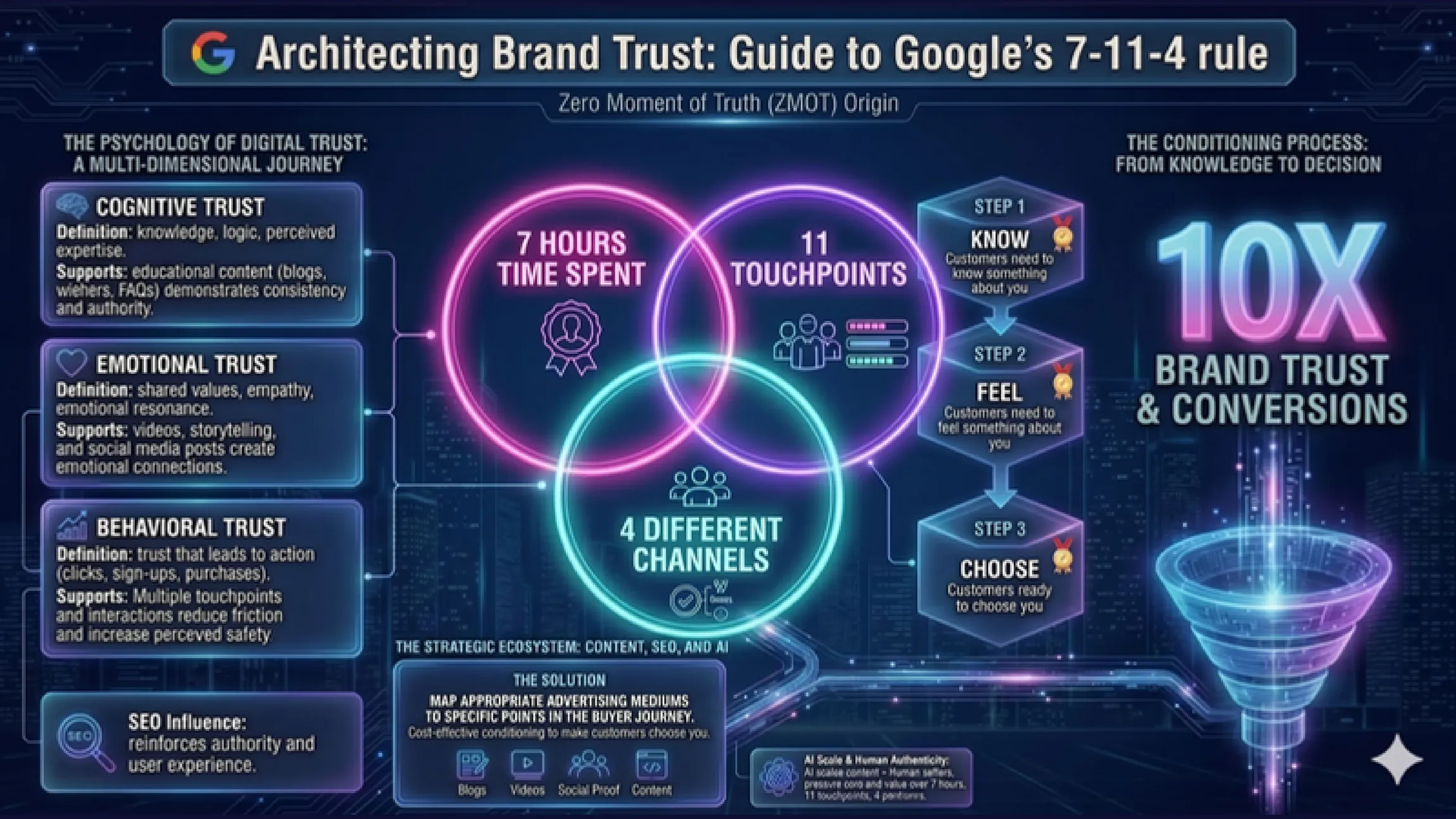 Architecting brand trust, a guide to Google's 7-11-4 rule: seven hours of time spent, eleven touchpoints and four different channels across cognitive, emotional and behavioural trust